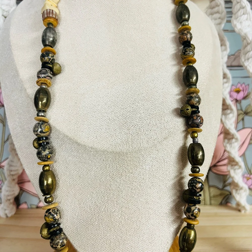 Boho Ethnic‎ Necklace Brown and Gold Toned Bone Beads Ceremonial India